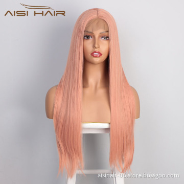 Aisi Hair Cosplay Long Silky Straight Pink Wig Natural Straight Swiss Lace Wig Middle Part Lace Frontal Wigs For Black Women